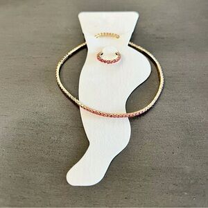 Hot Pink & Gold Stretchy Allover Rhinestone Anklet Ankle Bracelet & Toe Ring Set